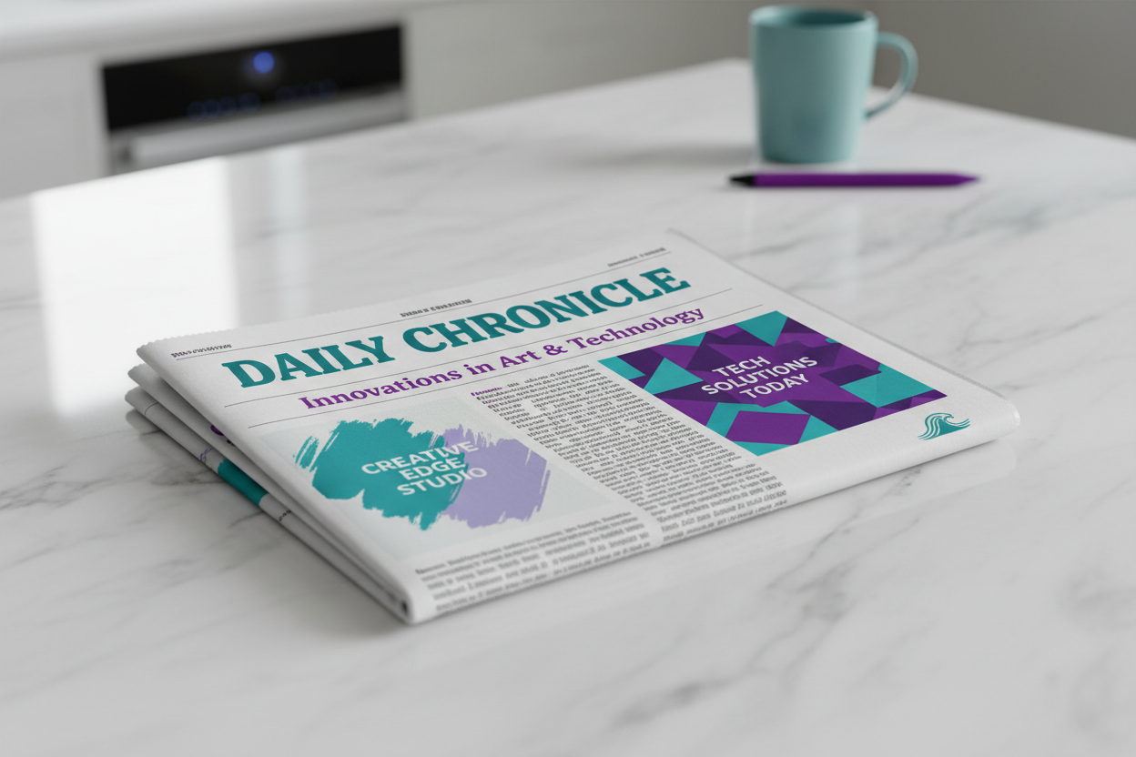 Newspaper on white marble countertop in teal and purple branding